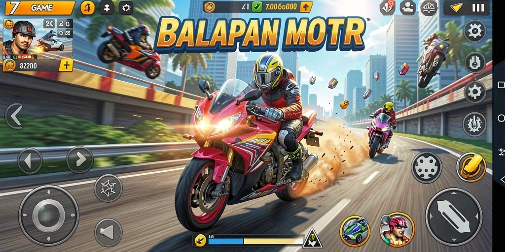 Tampilan gameplay seru balapan motor di 7GAME.