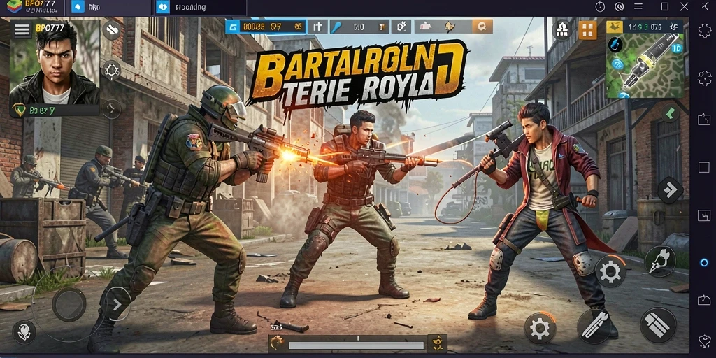 Tangkapan layar BPO777 menampilkan pertempuran Battle Royale yang seru.