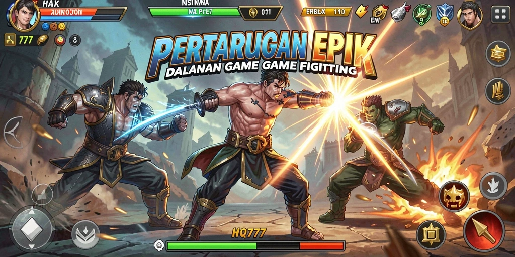 Tampilan gameplay HQ777 menampilkan pertarungan epik karakter-karakter unik.
