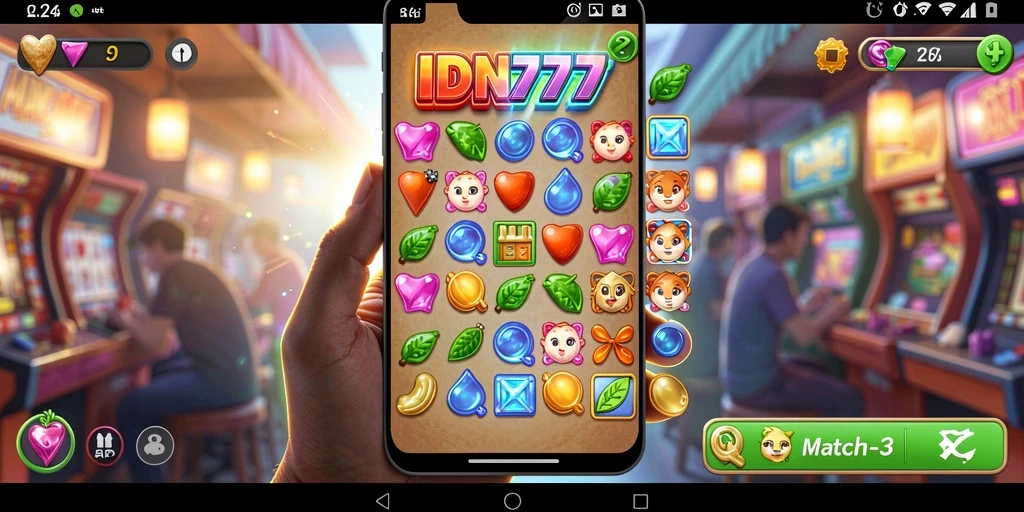 Tampilan gameplay seru dari permainan Match-3 IDN777.
