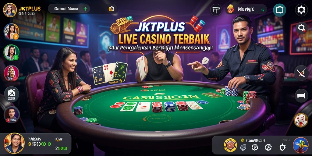 Tangkapan layar JKTPLUS menampilkan dealer live yang sedang berinteraksi dengan pemain dalam permainan kasino.