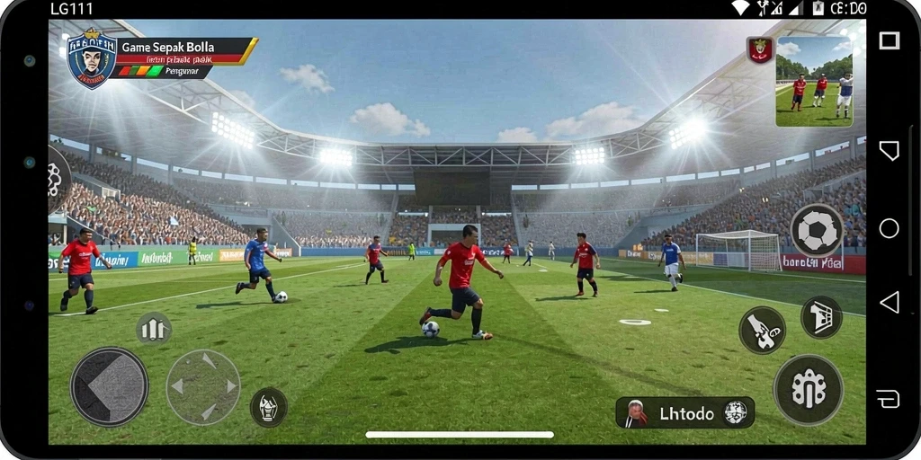 Screenshot gameplay LG111 yang menampilkan aksi sepak bola seru.
