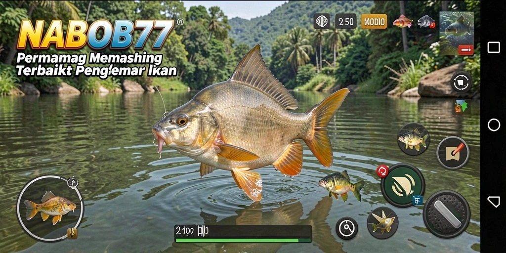 Screenshot gameplay NABOB77 dengan pemain menangkap ikan besar.