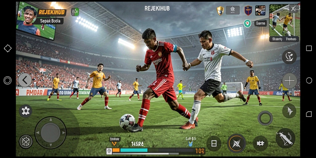 Gambar menampilkan aksi seru dalam REJEKIHUB di lapangan sepak bola.
