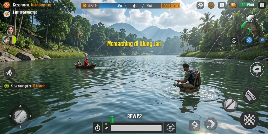 Screenshot gameplay RPVIP2 yang menampilkan suasana memancing yang seru.
