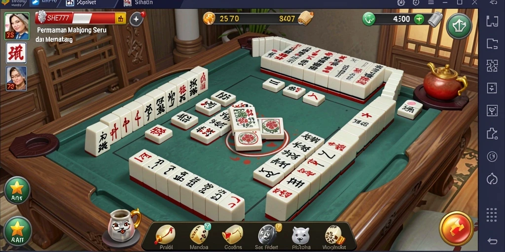 Screenshot gameplay SHE777 dengan suasana permainan Mahjong yang menarik.
